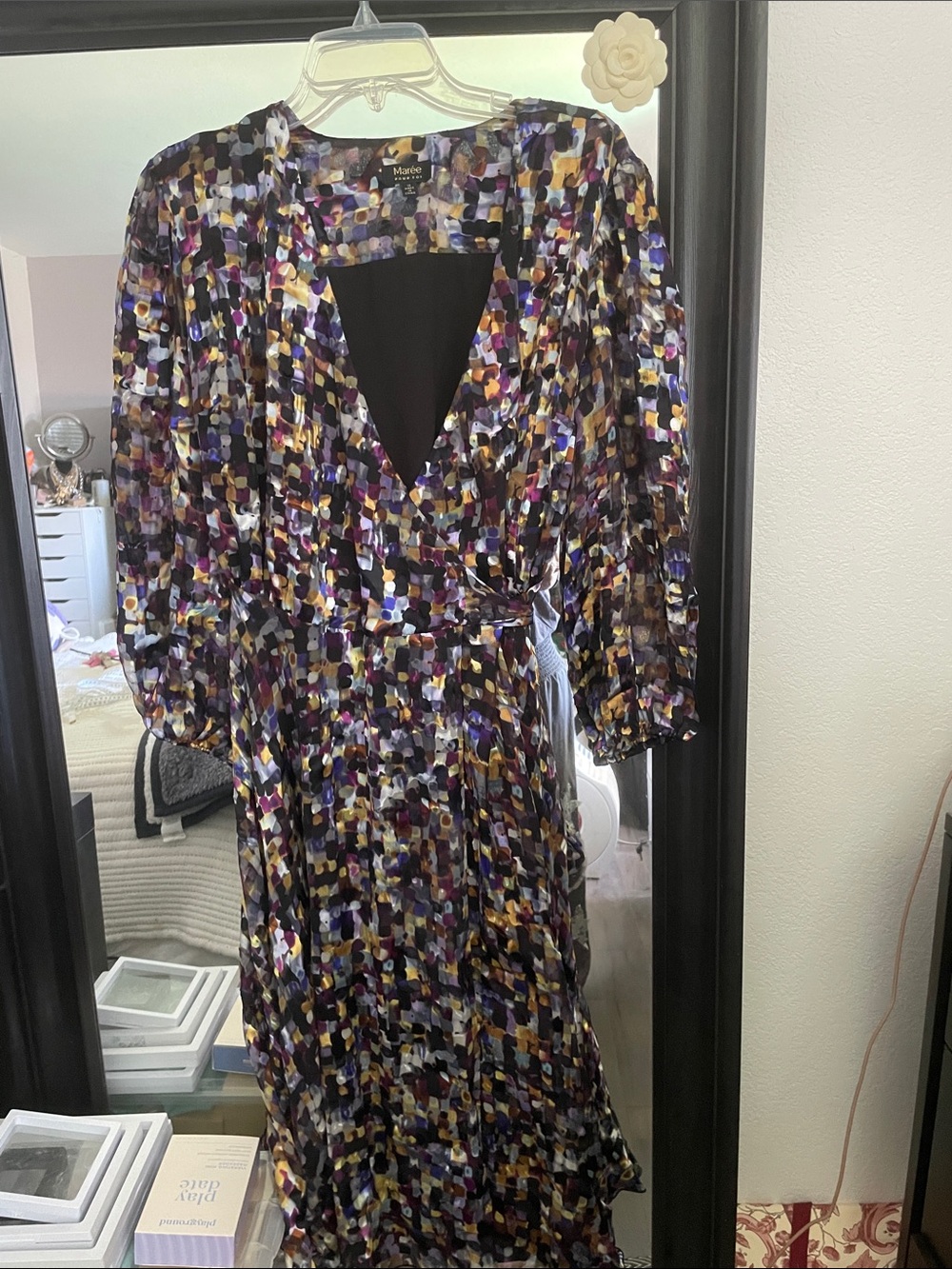 Maree Pour Toi Abstract Print Wrap Midi Dress with Tie Waist